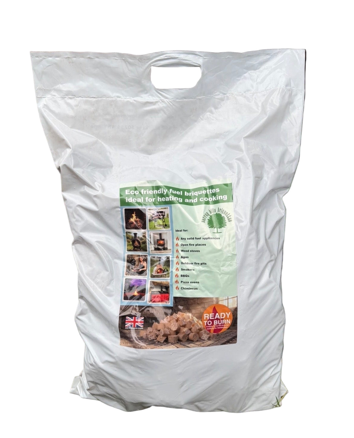 White bag of wood pellets with a label on a white background